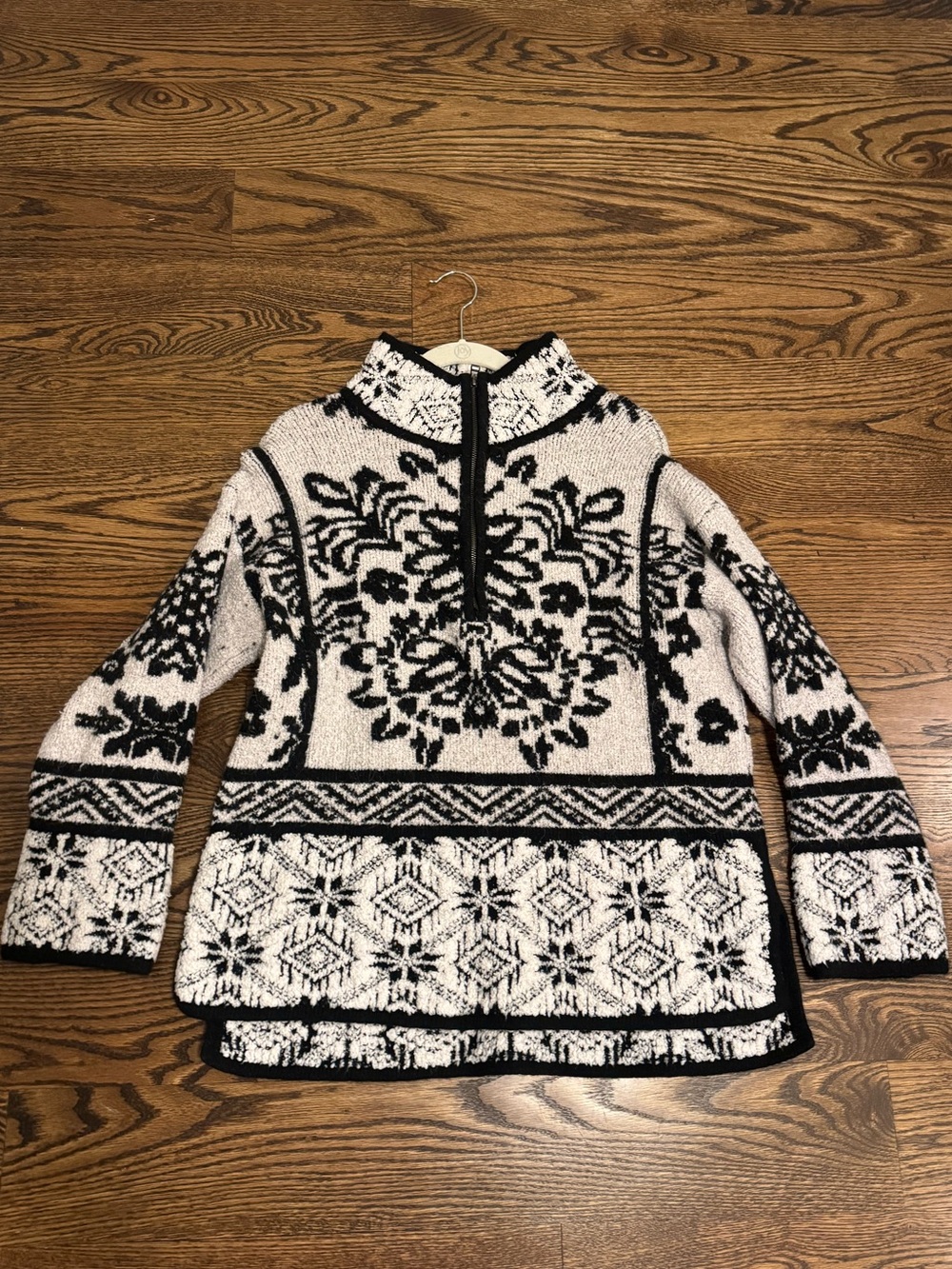 Anthropologie Black & White Fair Isle Half-Zip Turtleneck Sweater